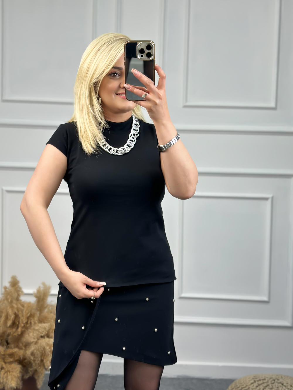 Dik Yaka Ottoman Kumaş Tshirt SİYAH