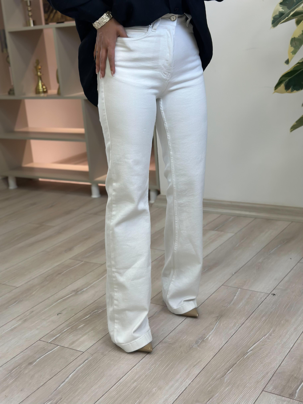 Dikişli  Paça Relax Kot Pantolon BEYAZ