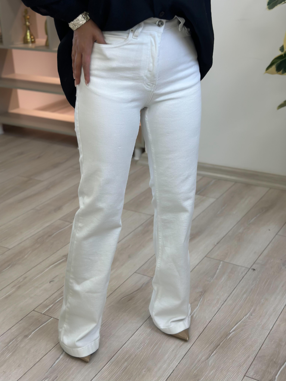 Dikişli  Paça Relax Kot Pantolon BEYAZ