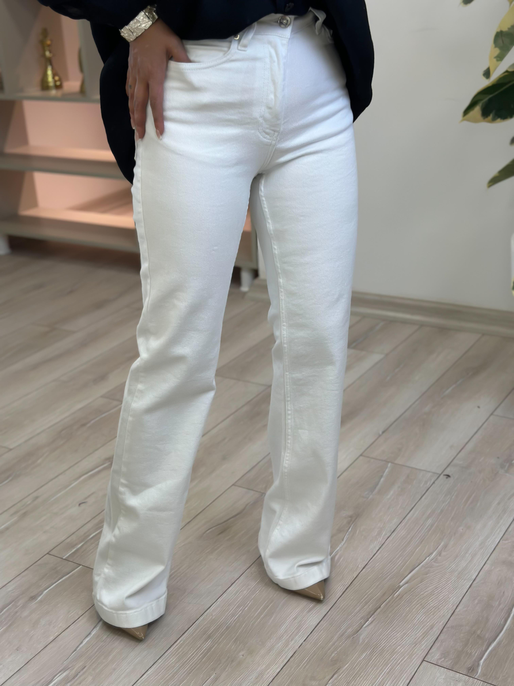 Dikişli  Paça Relax Kot Pantolon BEYAZ