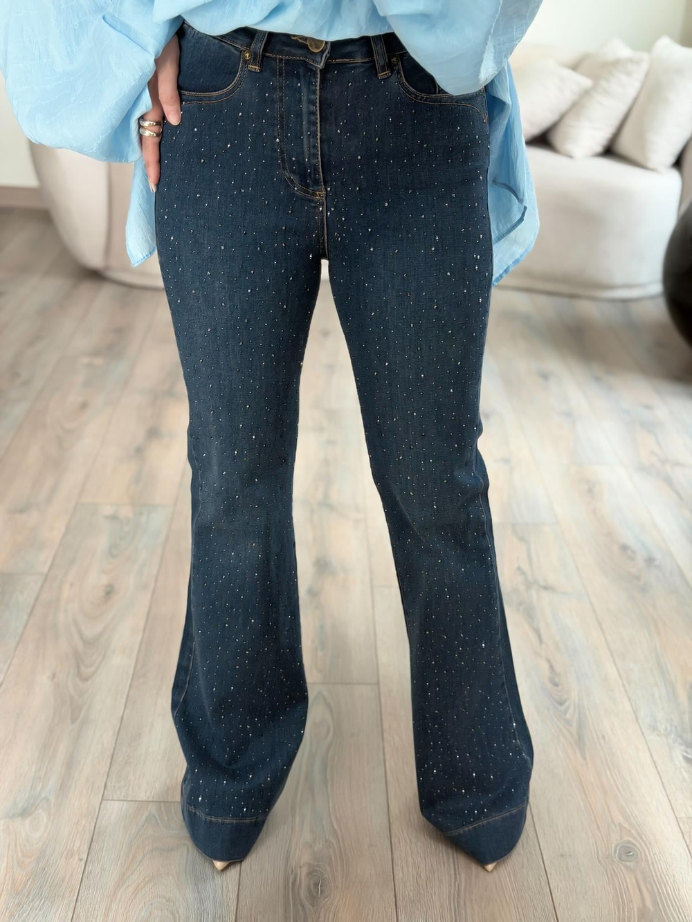 Dikişli Paca Yüksek Bel Önü Damla Taşlı İspanyol Jean TAŞLANMIŞ KAHVE