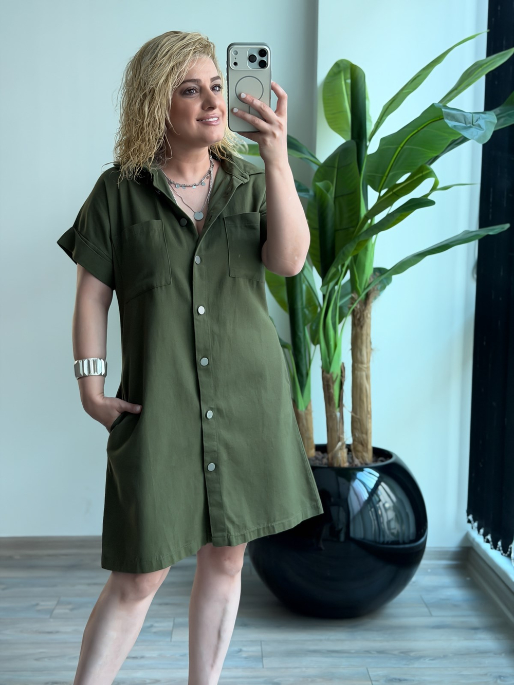 Double Kol Yıkamalı Gabardin Elbise HAKİ