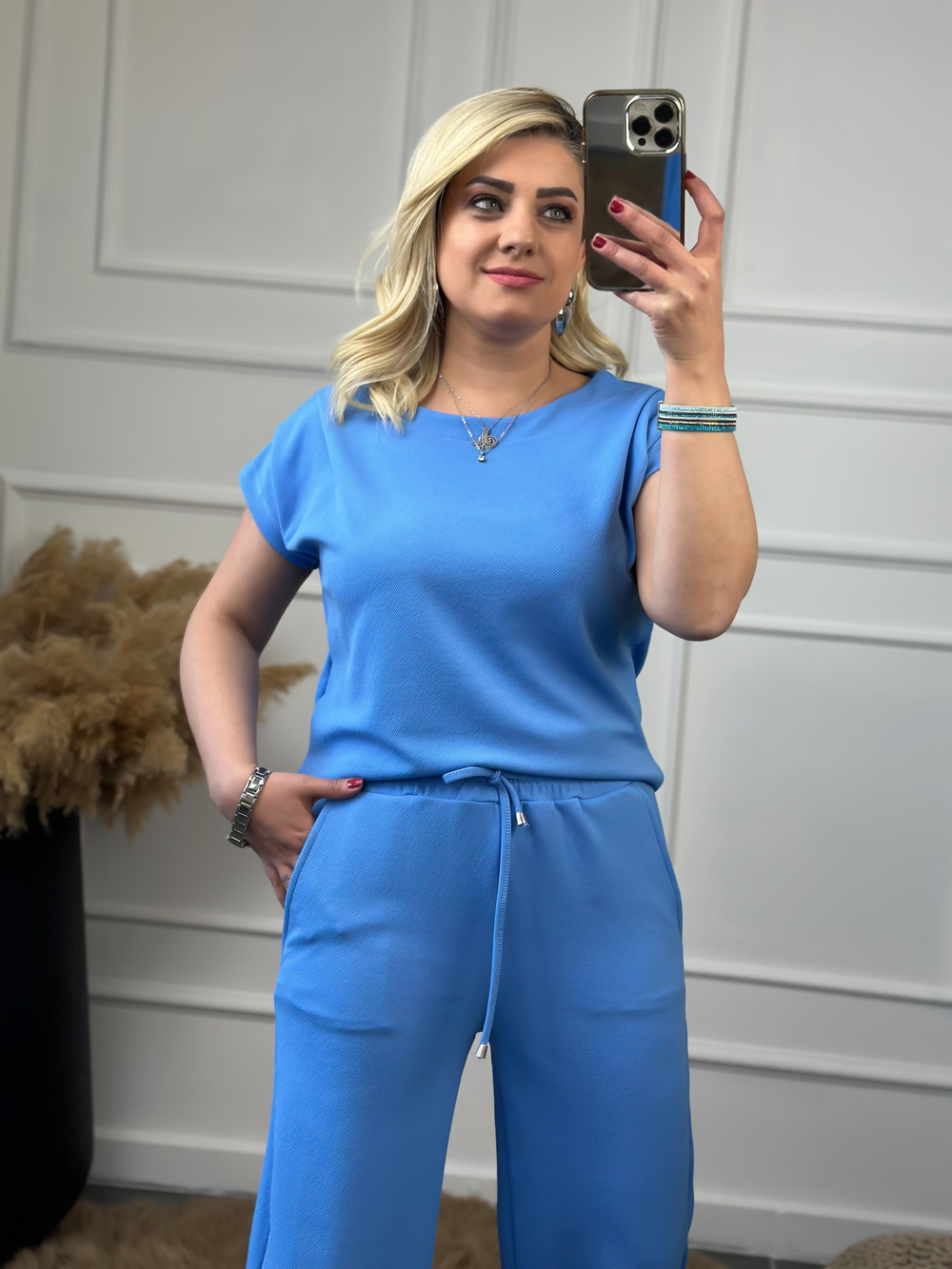 Drapeli Likralı Crep Kumaş Bluz Pantolon Takım MAVİ
