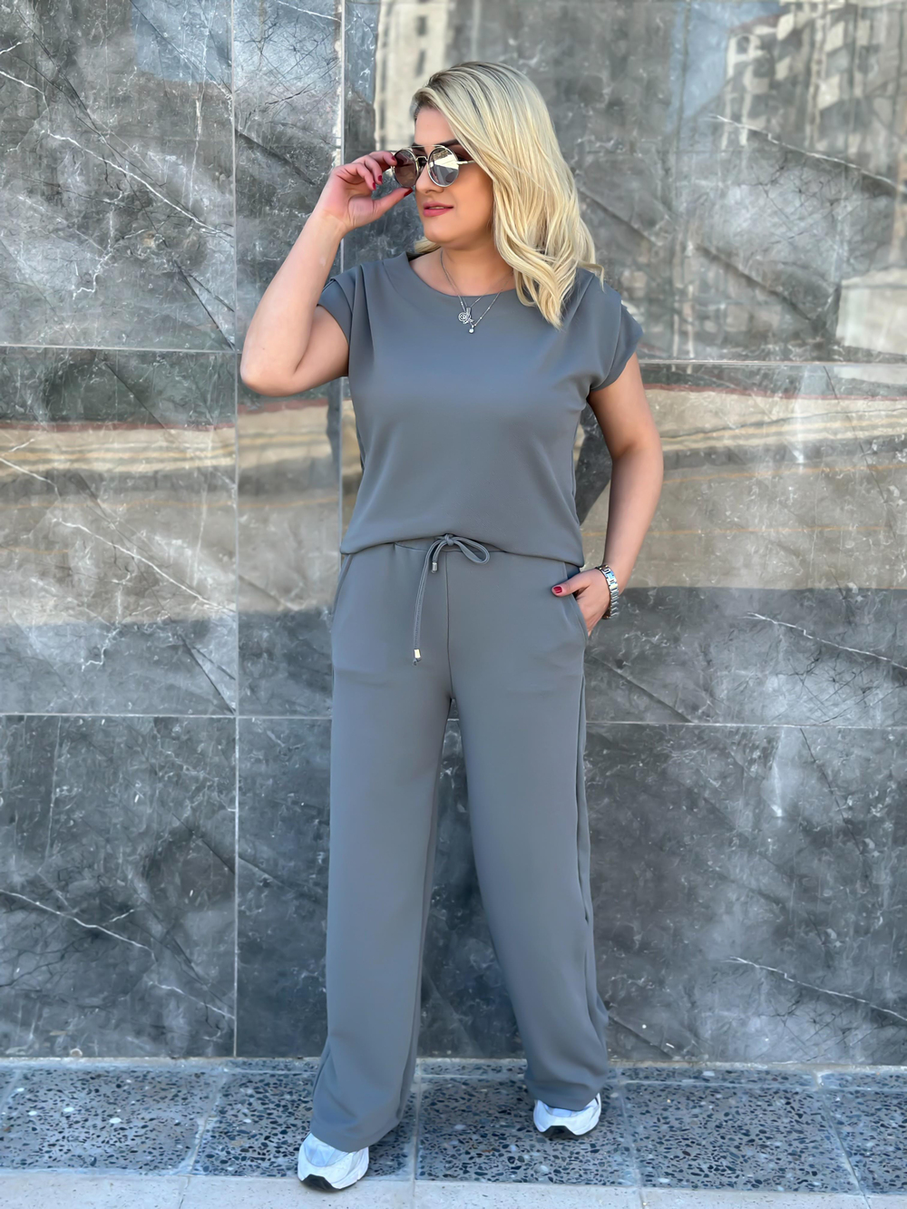 Drapeli Likralı Crep Kumaş Bluz Pantolon Takım ANTRASİT