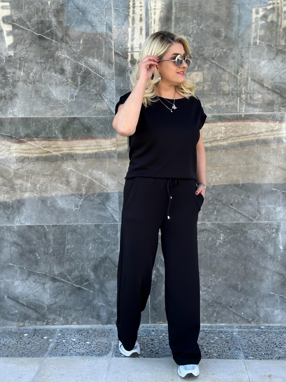 Drapeli Likralı Crep Kumaş Bluz Pantolon Takım SİYAH