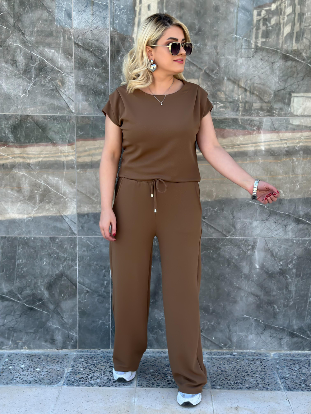 Drapeli Likralı Crep Kumaş Bluz Pantolon Takım KAHVE