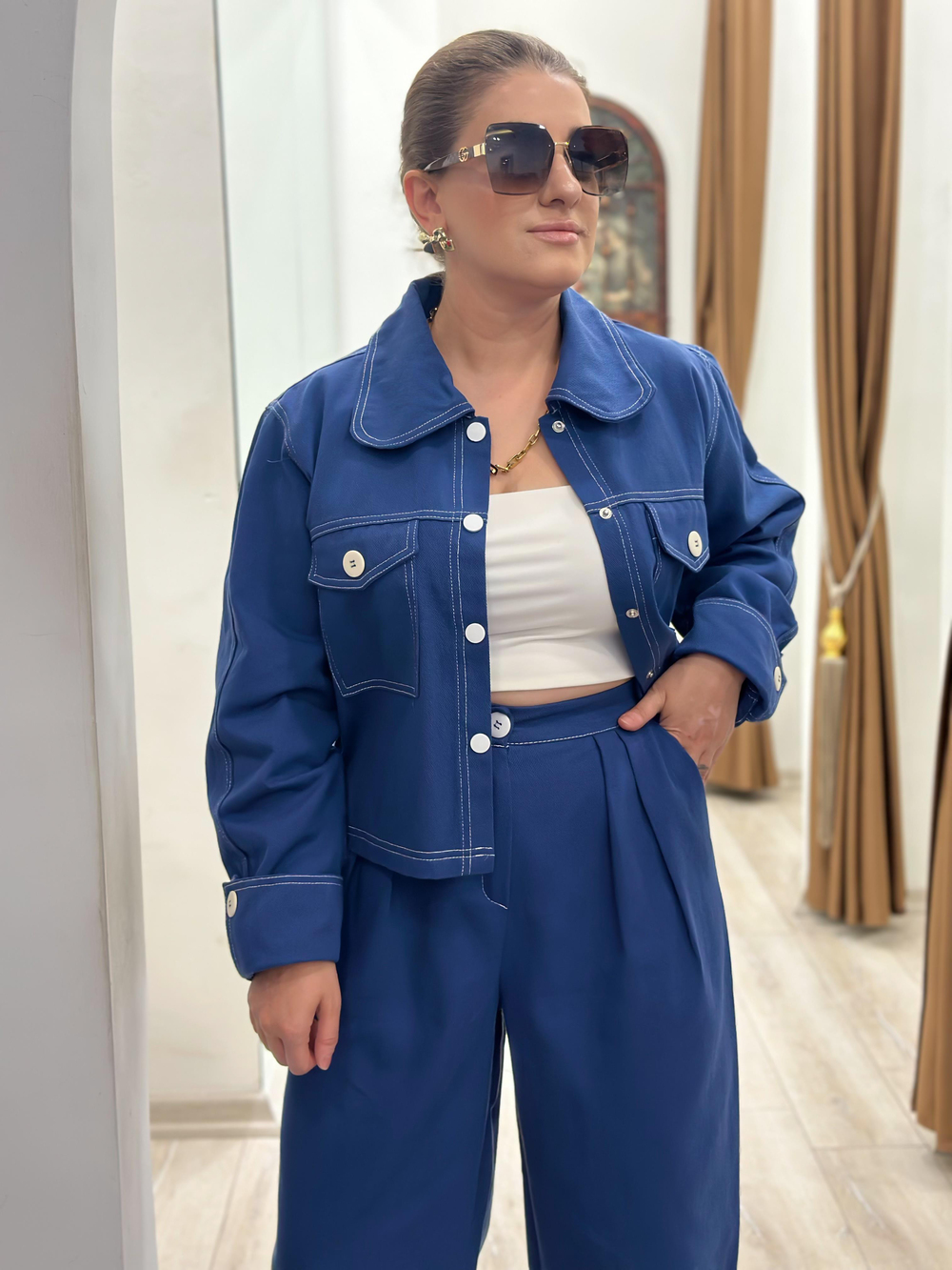 Düğmeli Denim Pantolon Takım İNDİGO