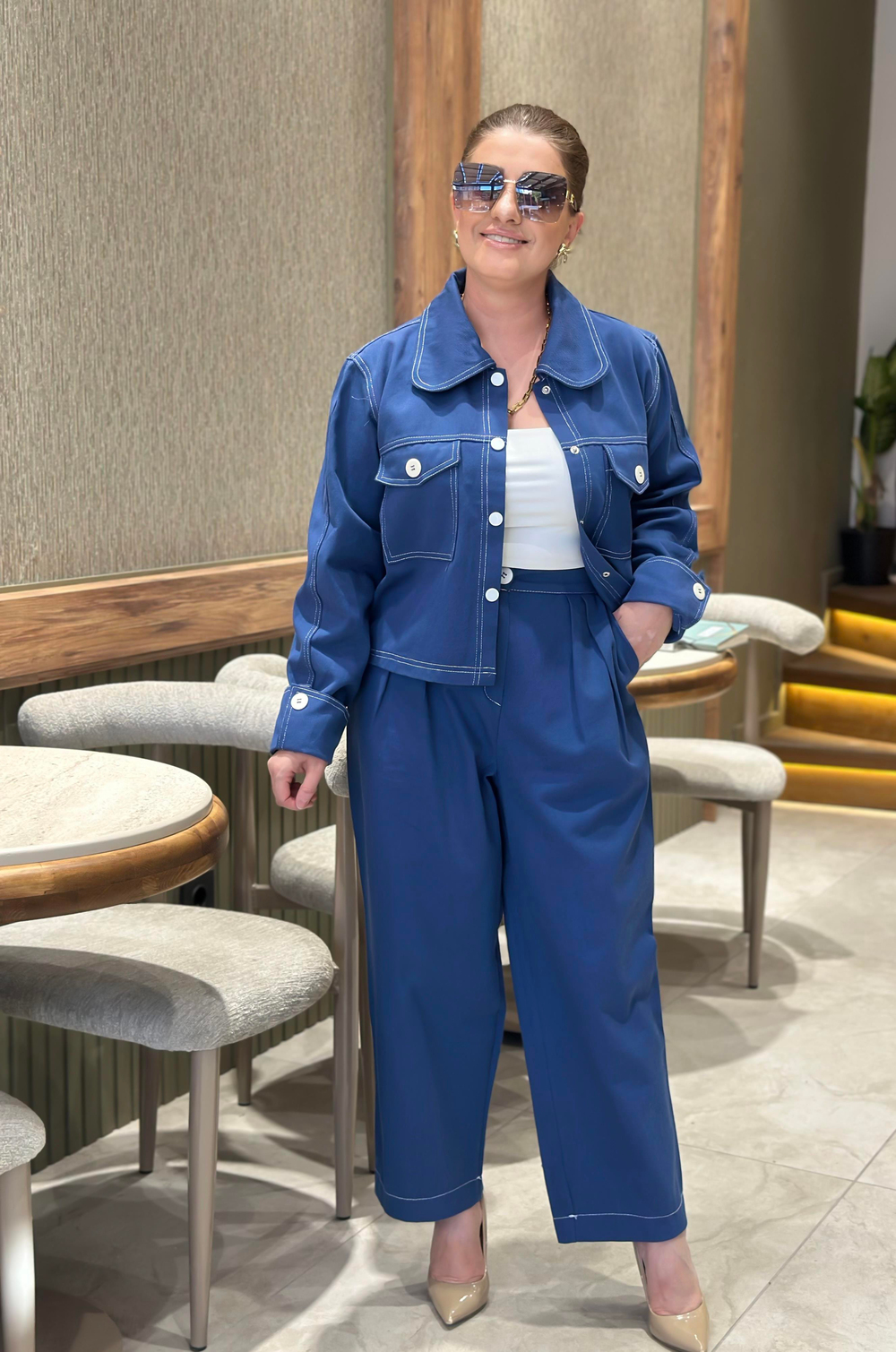Düğmeli Denim Pantolon Takım İNDİGO