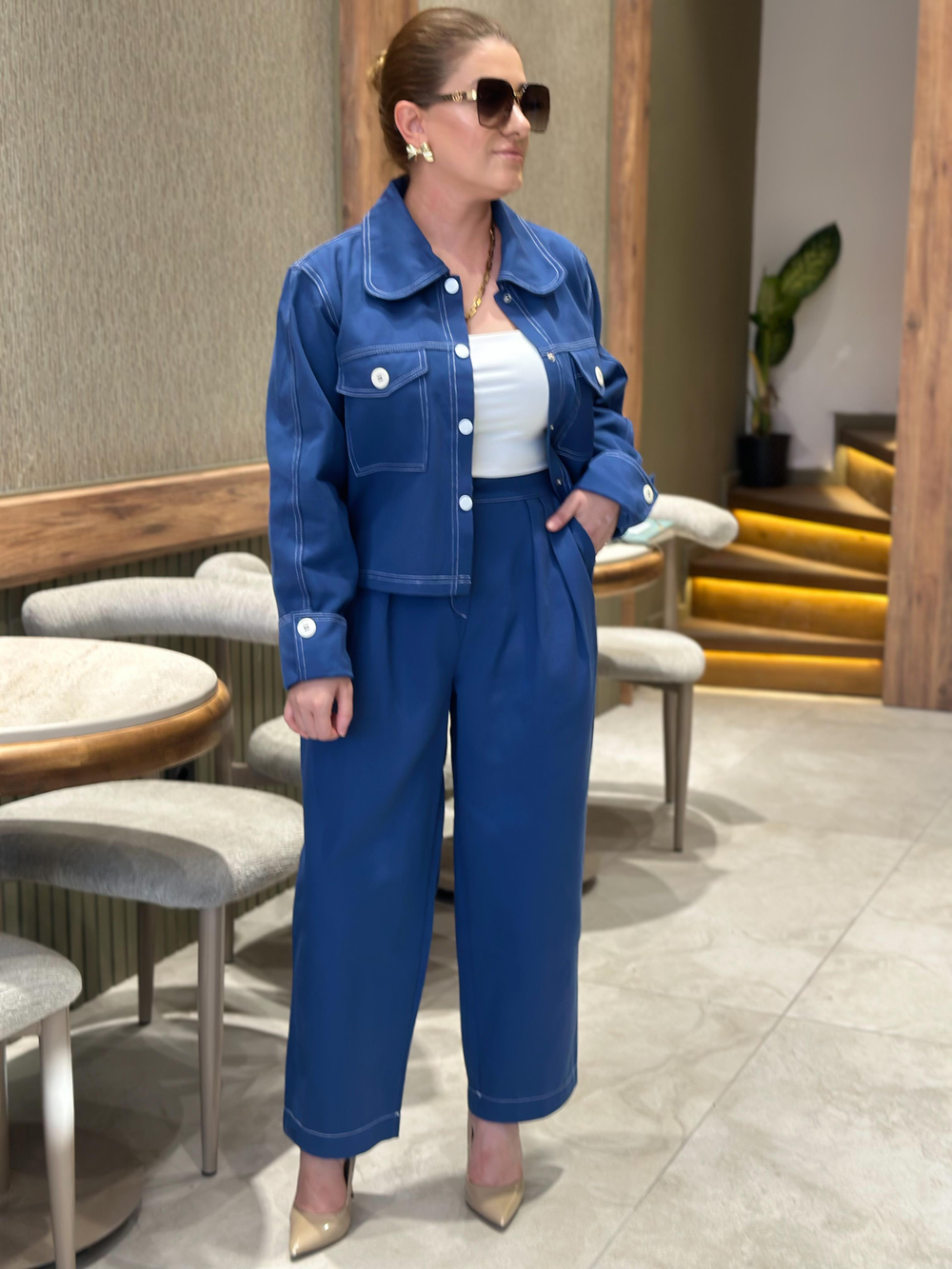 Düğmeli Denim Pantolon Takım İNDİGO