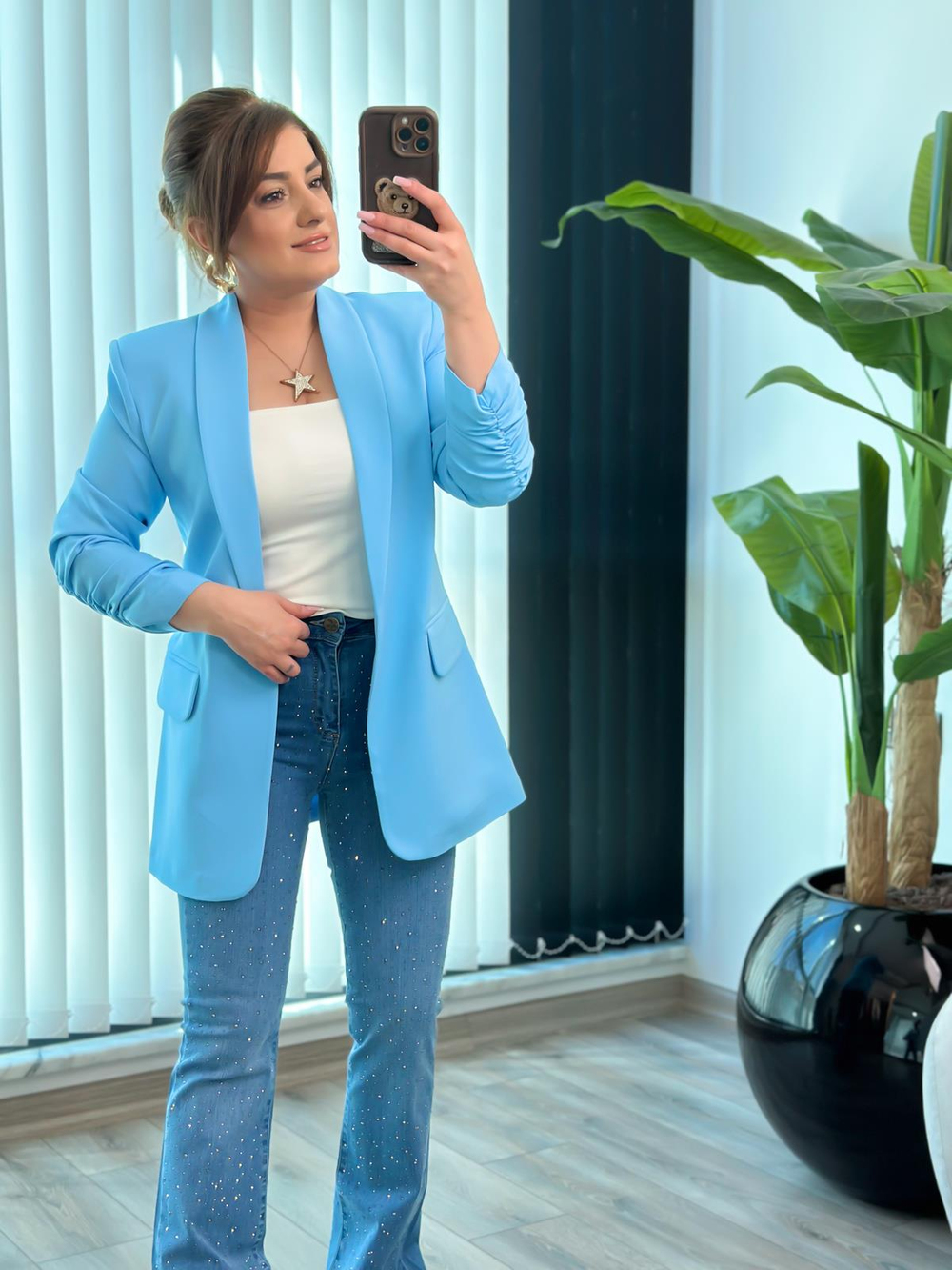Düğmesiz Astarlı Kolu Büzgülü Blazer Ceket BEBE MAVİ