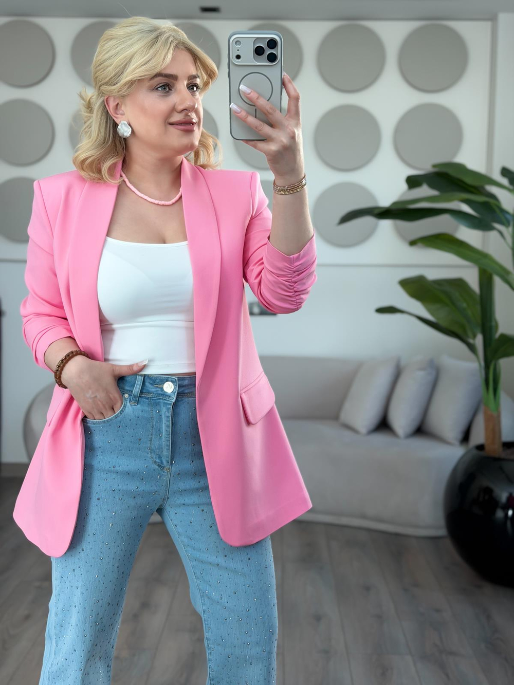 Düğmesiz Astarlı Kolu Büzgülü Blazer Ceket FUŞYA
