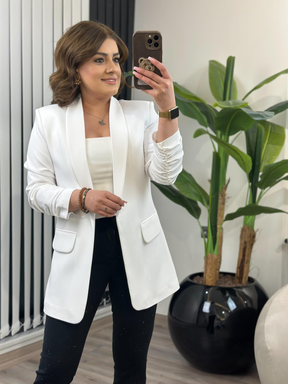 Düğmesiz Astarlı Kolu Büzgülü Blazer Ceket BEYAZ