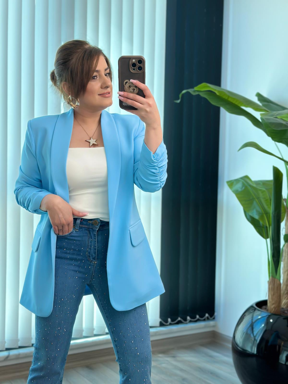 Düğmesiz Astarlı Kolu Büzgülü Blazer Ceket BEBE MAVİ