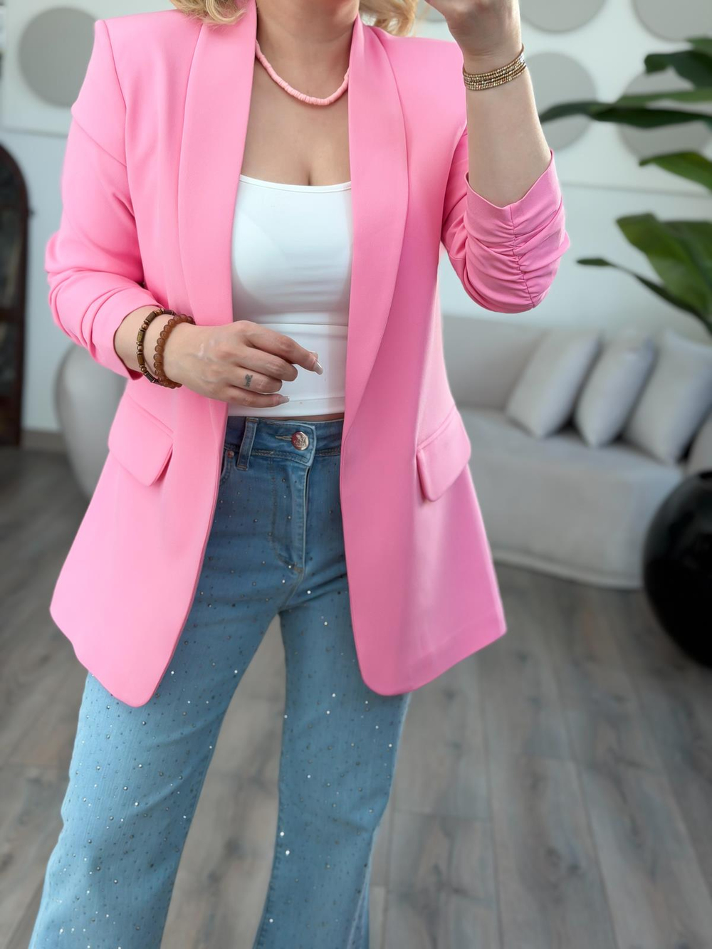 Düğmesiz Astarlı Kolu Büzgülü Blazer Ceket FUŞYA