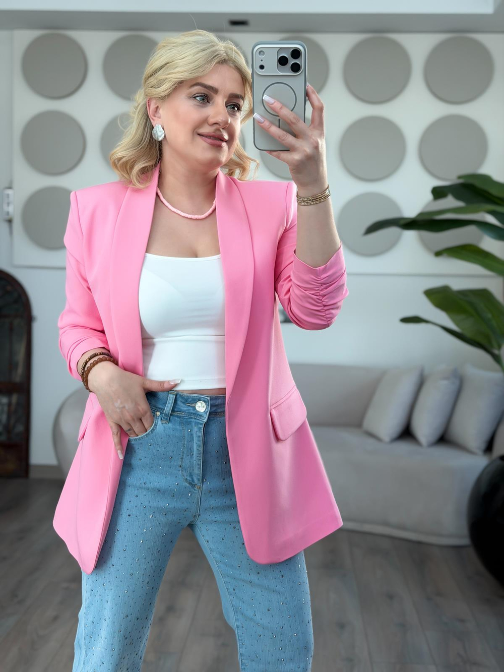 Düğmesiz Astarlı Kolu Büzgülü Blazer Ceket FUŞYA