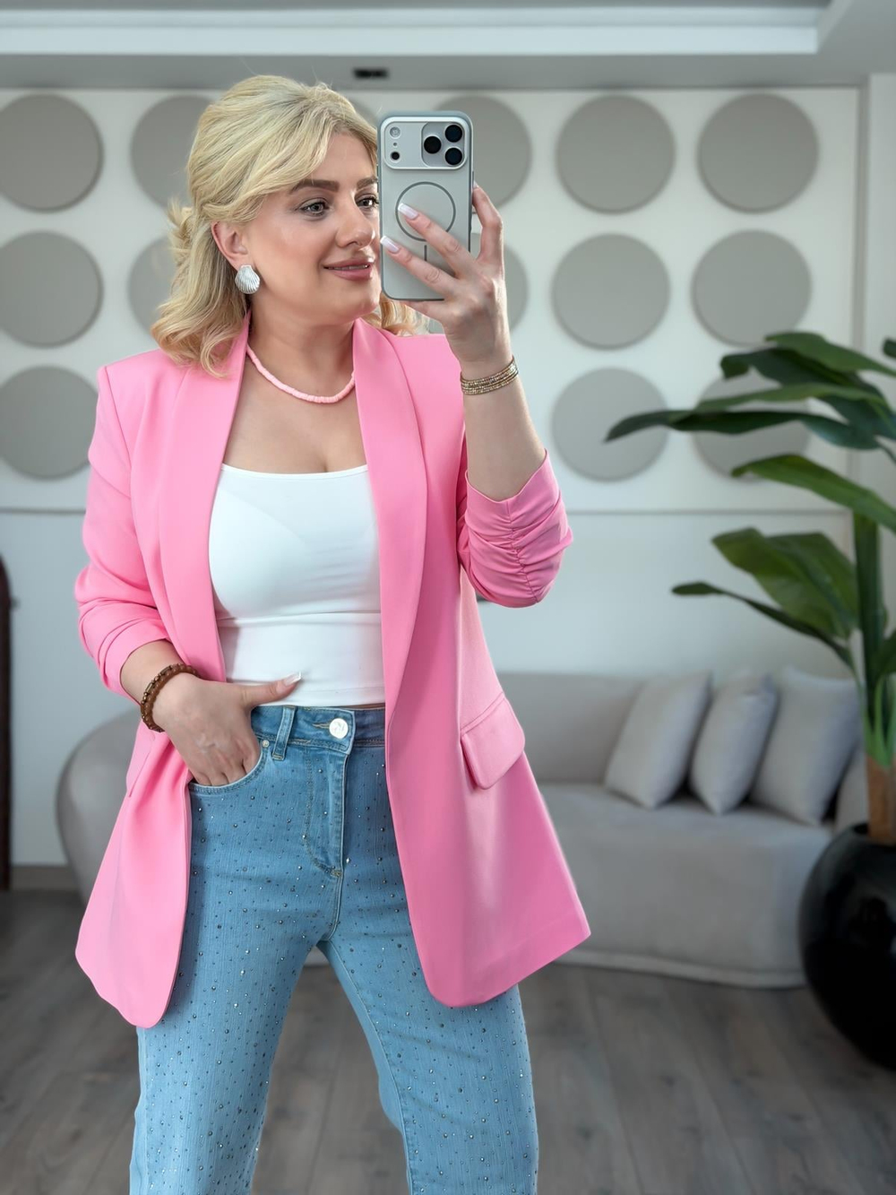 Düğmesiz Astarlı Kolu Büzgülü Blazer Ceket FUŞYA