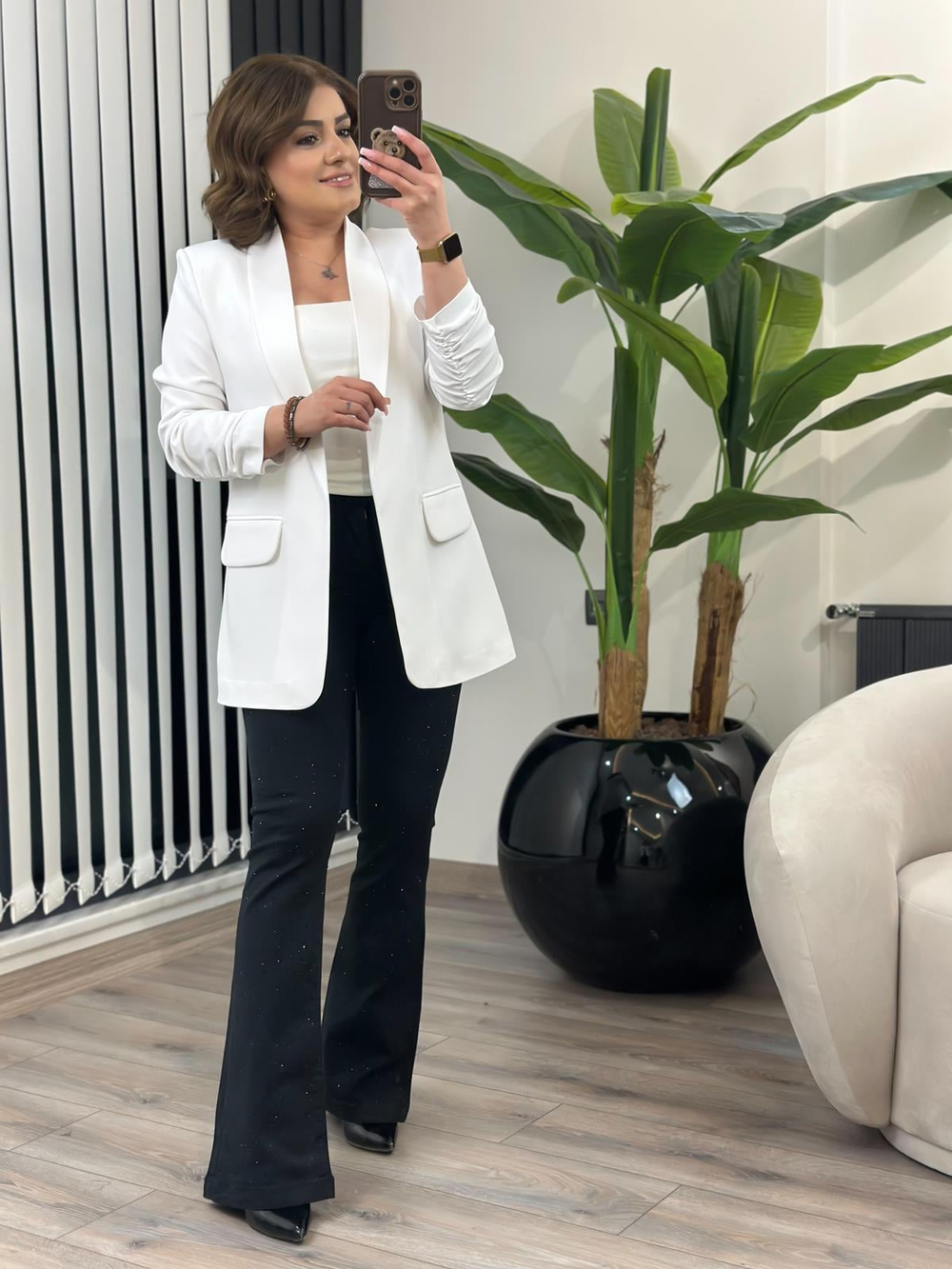 Düğmesiz Astarlı Kolu Büzgülü Blazer Ceket BEYAZ