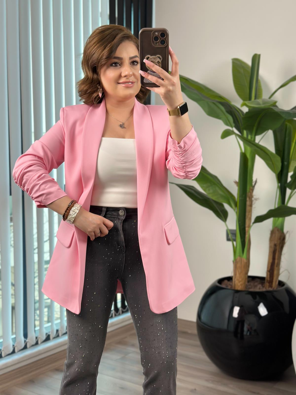 Düğmesiz Astarlı Kolu Büzgülü Blazer Ceket PEMBE