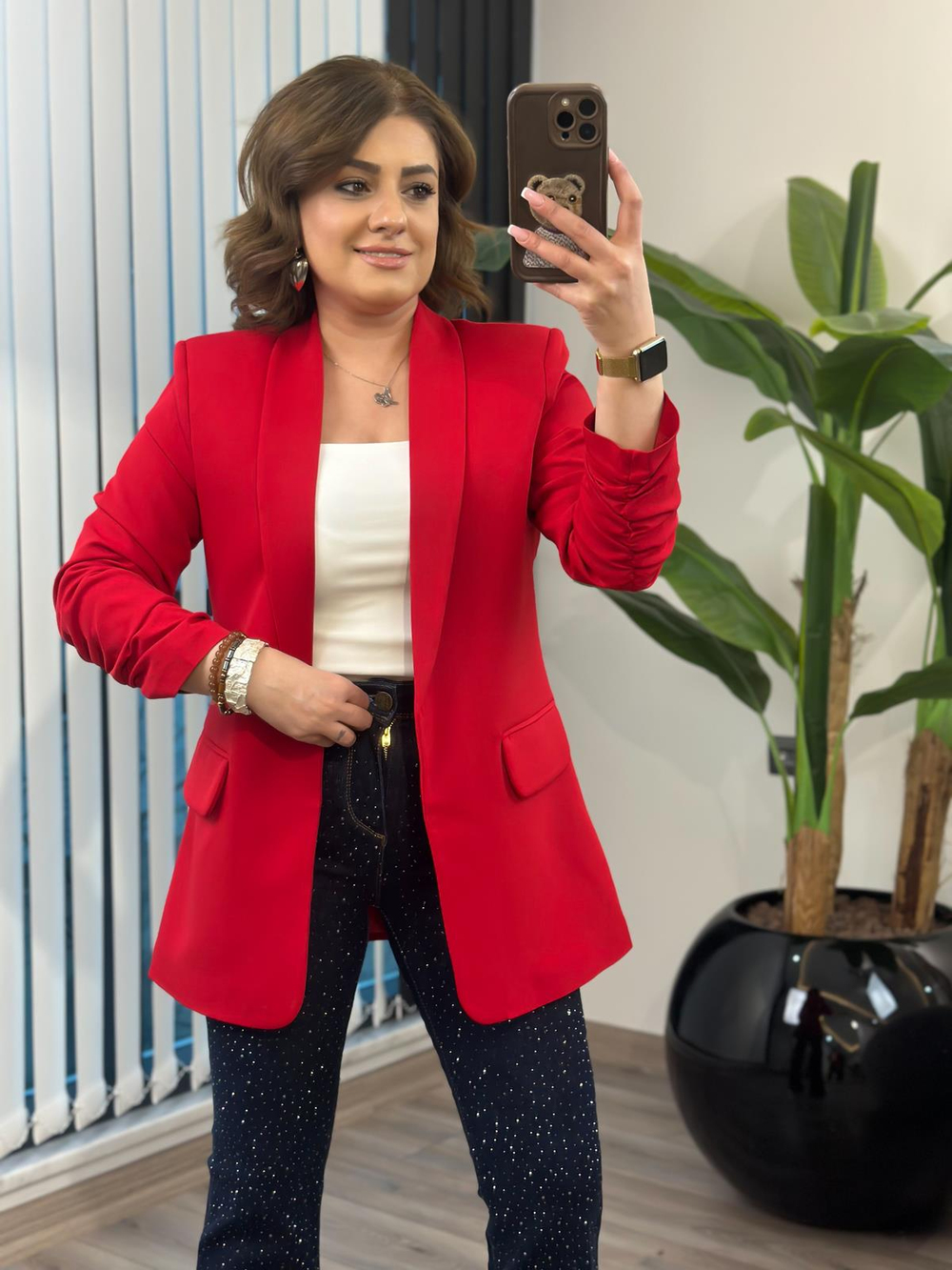 Düğmesiz Astarlı Kolu Büzgülü Blazer Ceket KIRMIZI