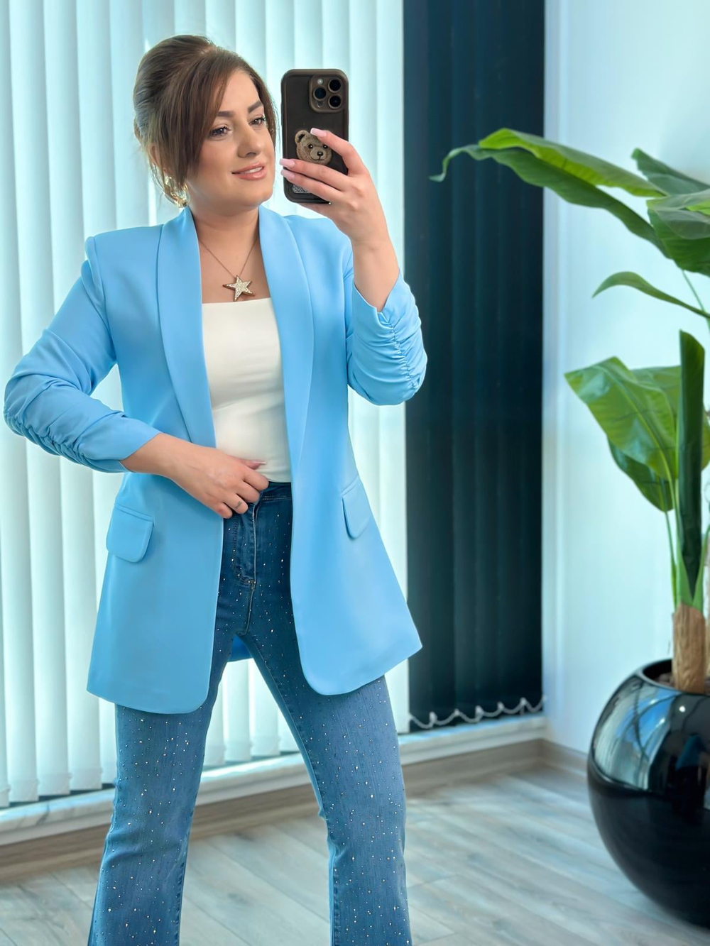 Düğmesiz Astarlı Kolu Büzgülü Blazer Ceket BEBE MAVİ