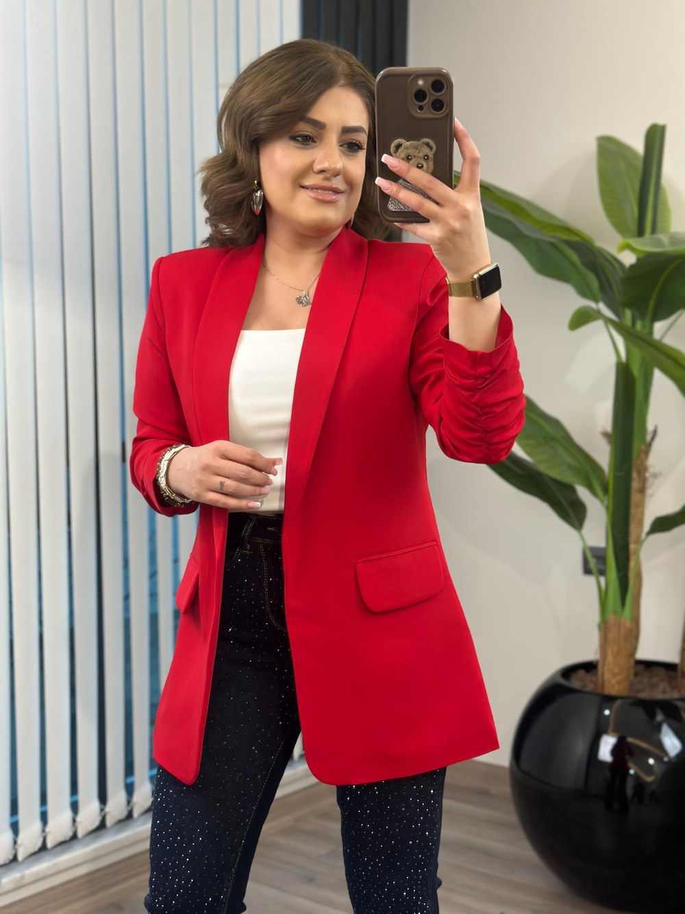 Düğmesiz Astarlı Kolu Büzgülü Blazer Ceket KIRMIZI