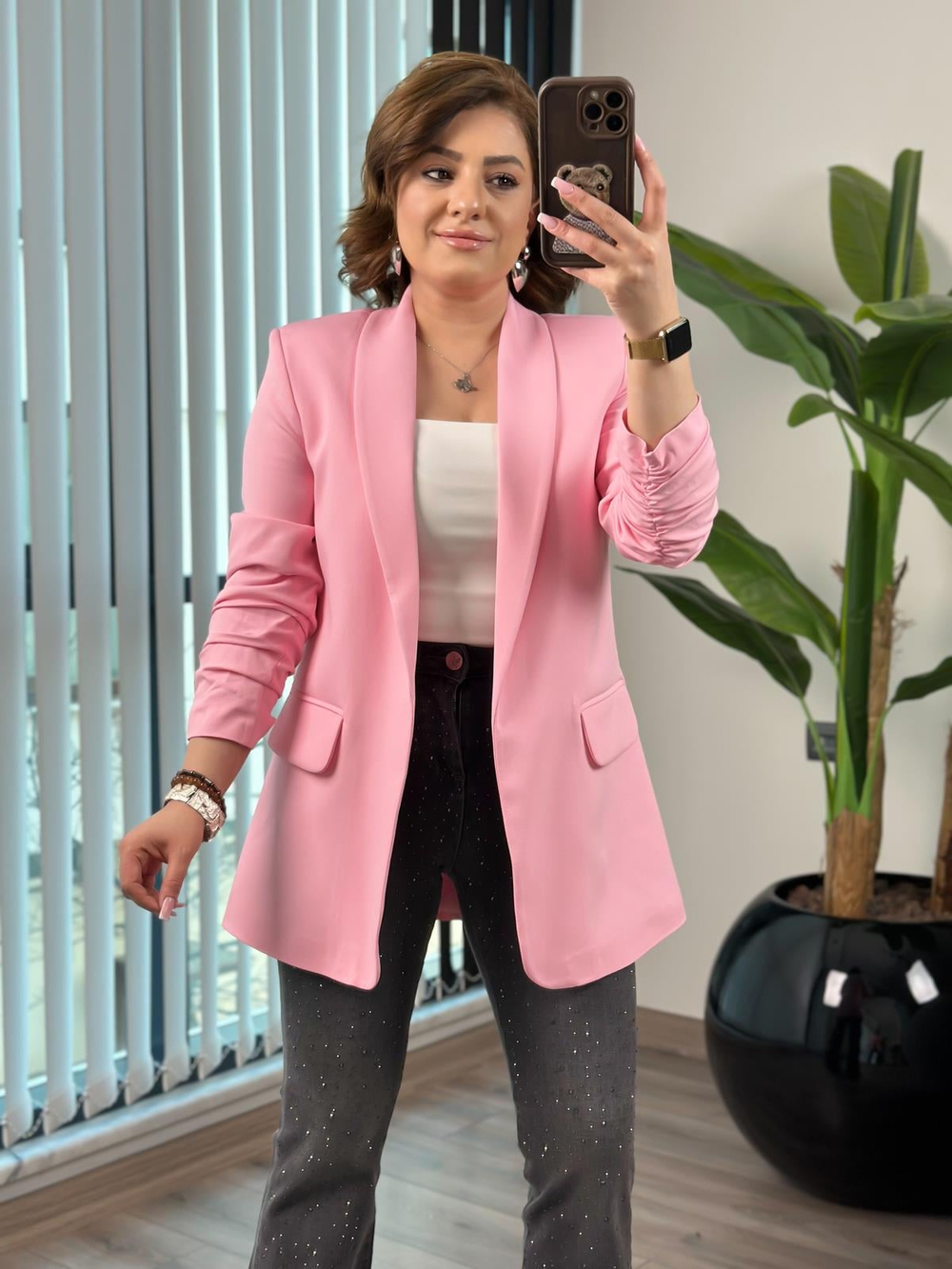 Düğmesiz Astarlı Kolu Büzgülü Blazer Ceket PEMBE