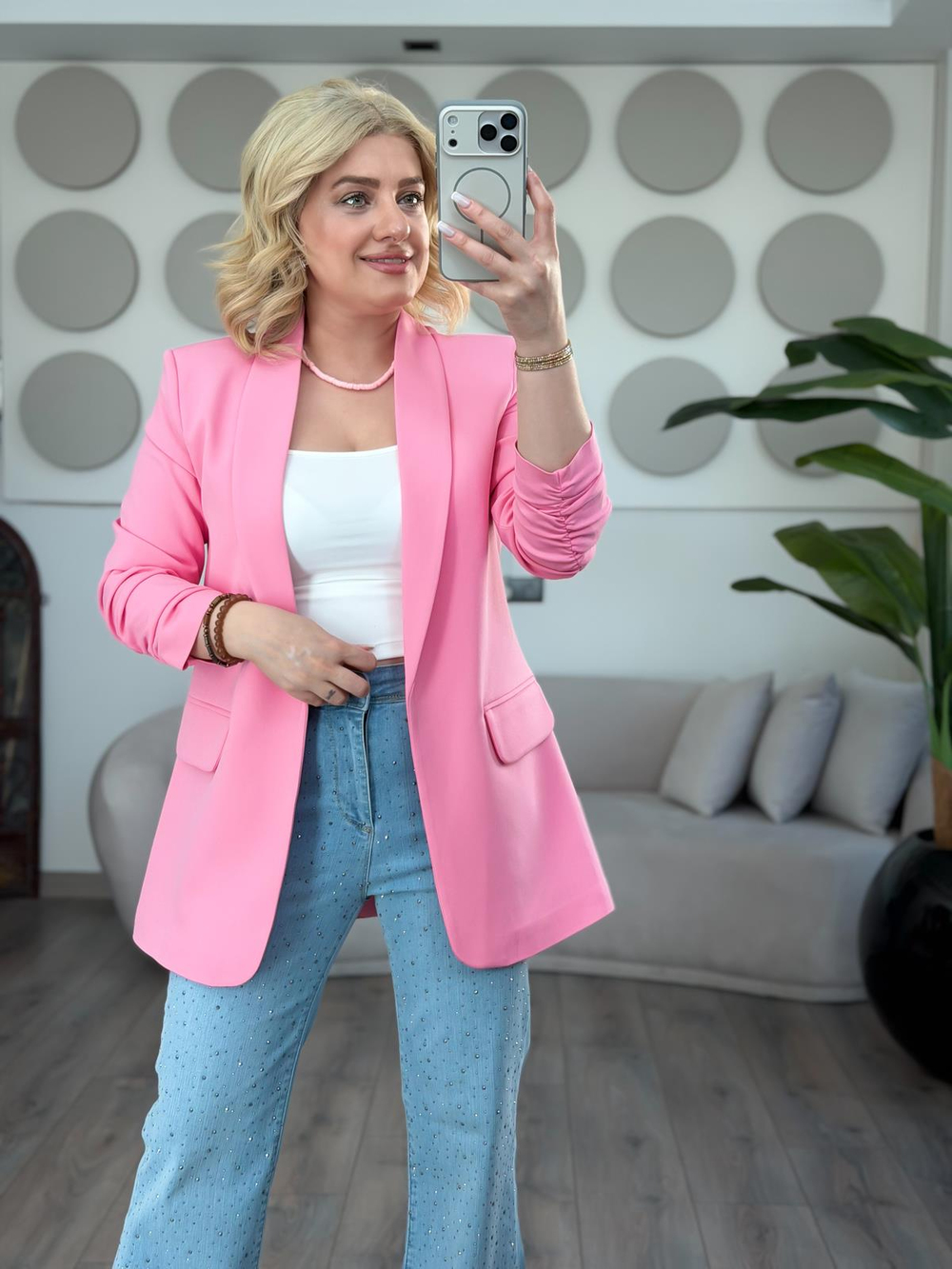 Düğmesiz Astarlı Kolu Büzgülü Blazer Ceket FUŞYA