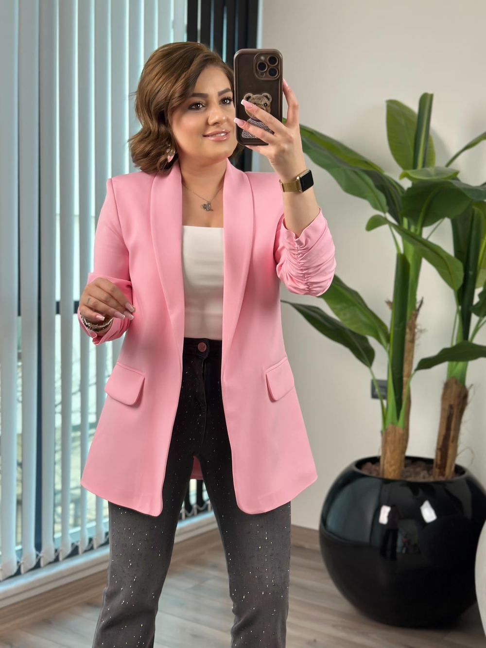 Düğmesiz Astarlı Kolu Büzgülü Blazer Ceket PEMBE