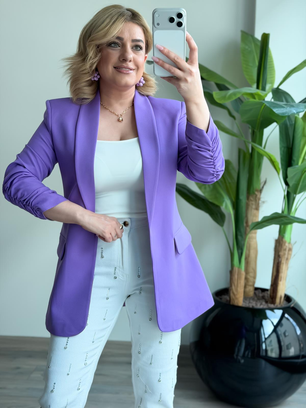 Düğmesiz Astarlı Kolu Büzgülü Blazer Ceket LİLA