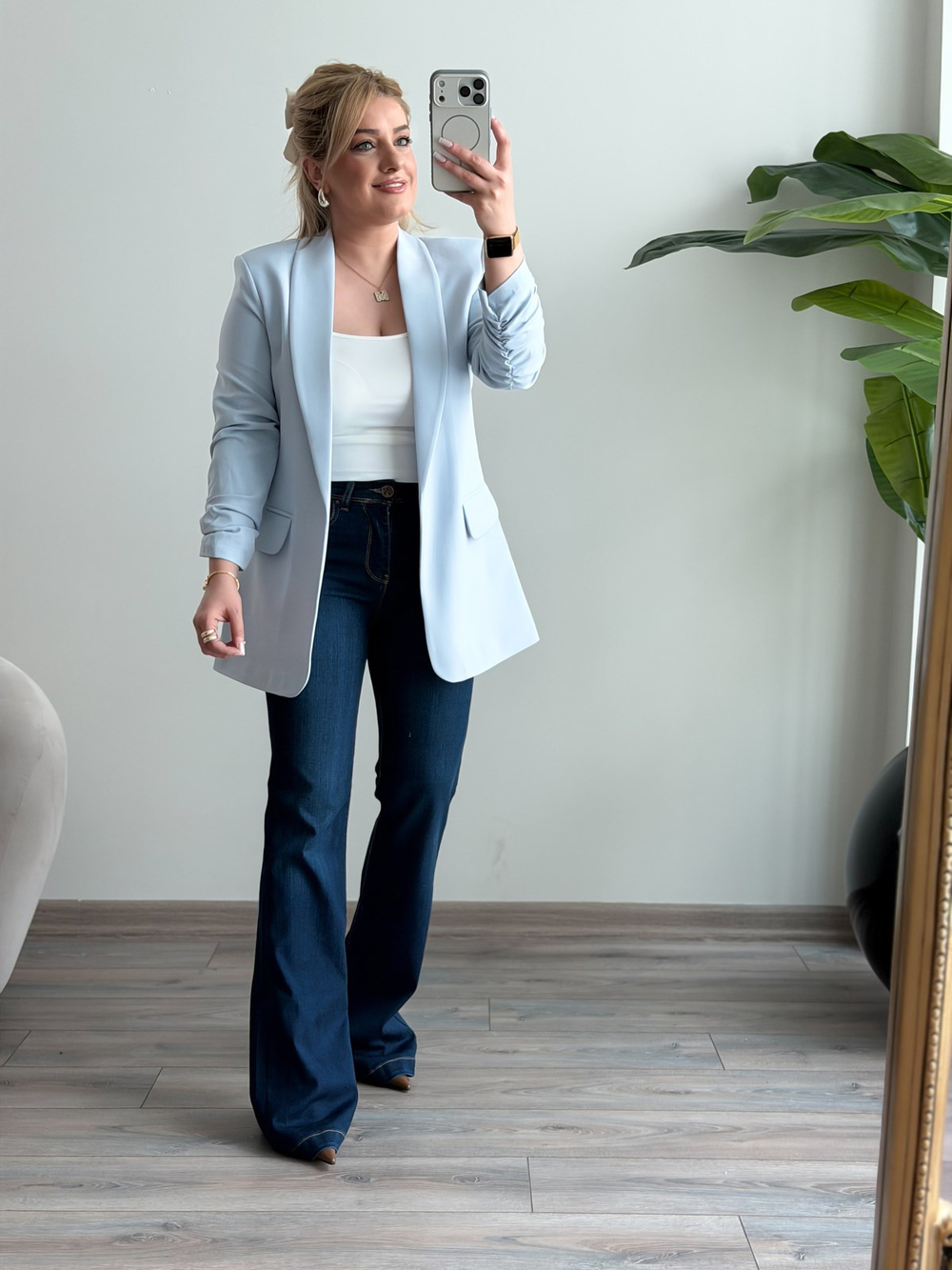Düğmesiz Astarlı Kolu Büzgülü Blazer Ceket AÇIK MAVİ
