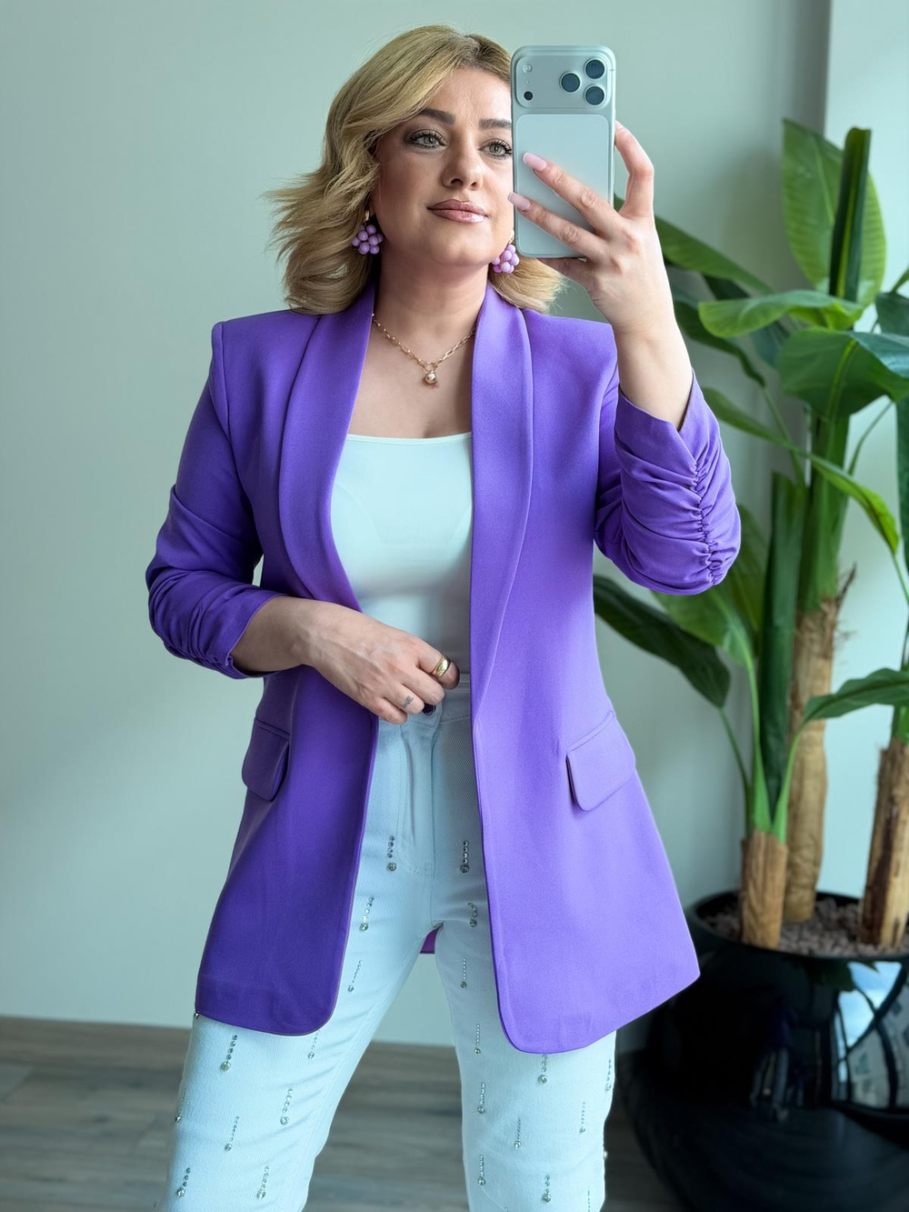 Düğmesiz Astarlı Kolu Büzgülü Blazer Ceket LİLA