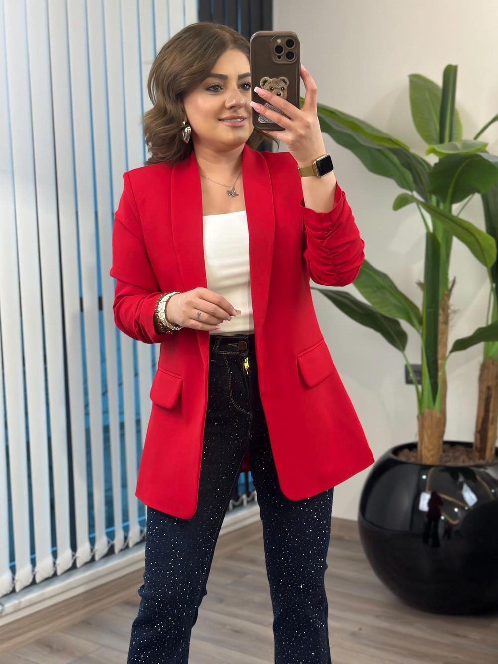 Düğmesiz Astarlı Kolu Büzgülü Blazer Ceket KIRMIZI