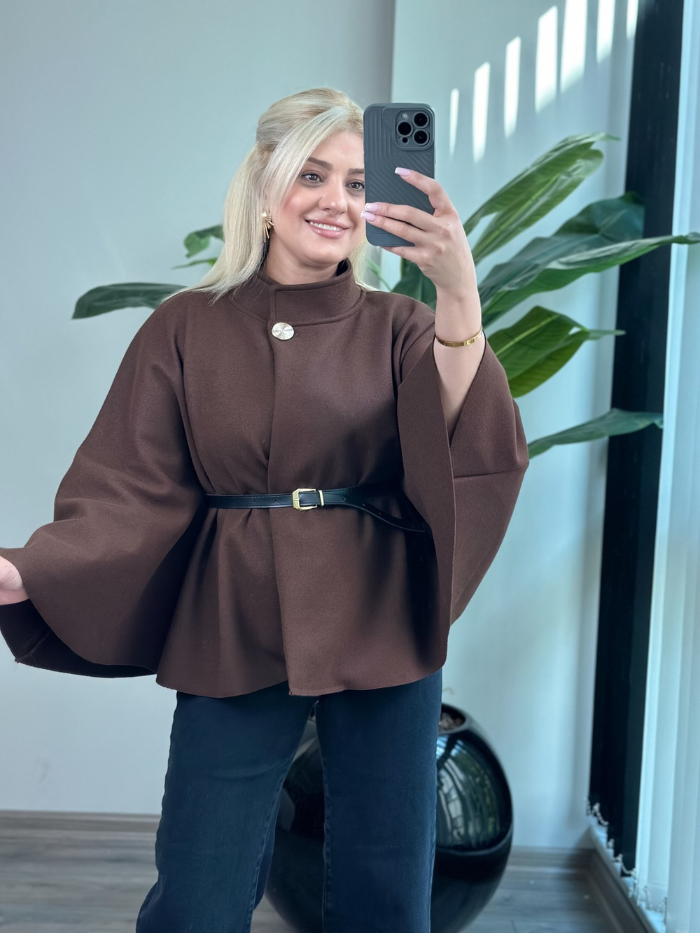 Düz Kaşe Kemerli Panço KAHVE