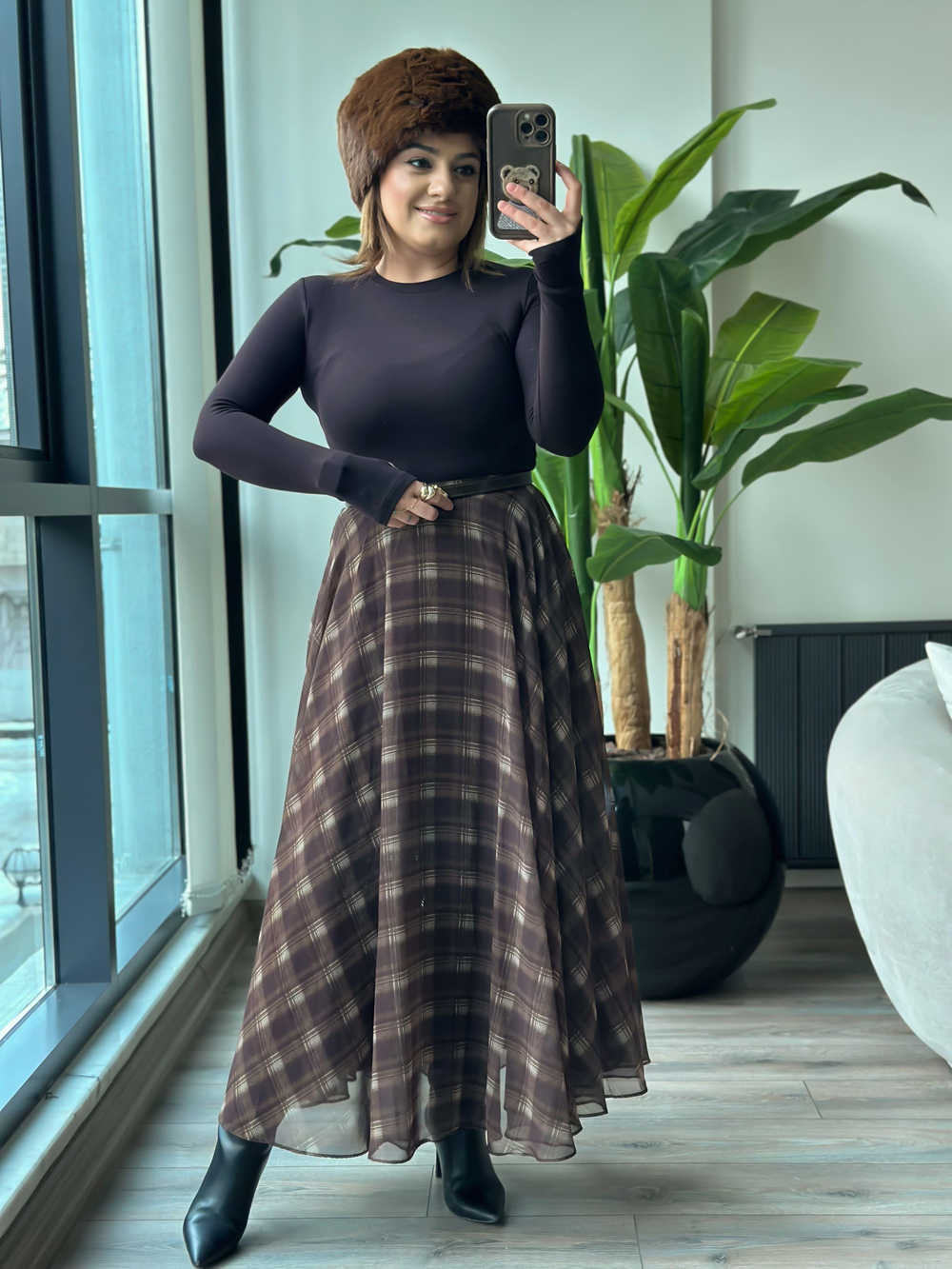 Ekose Desenli Asatarlı  Şifon Etek KAHVE