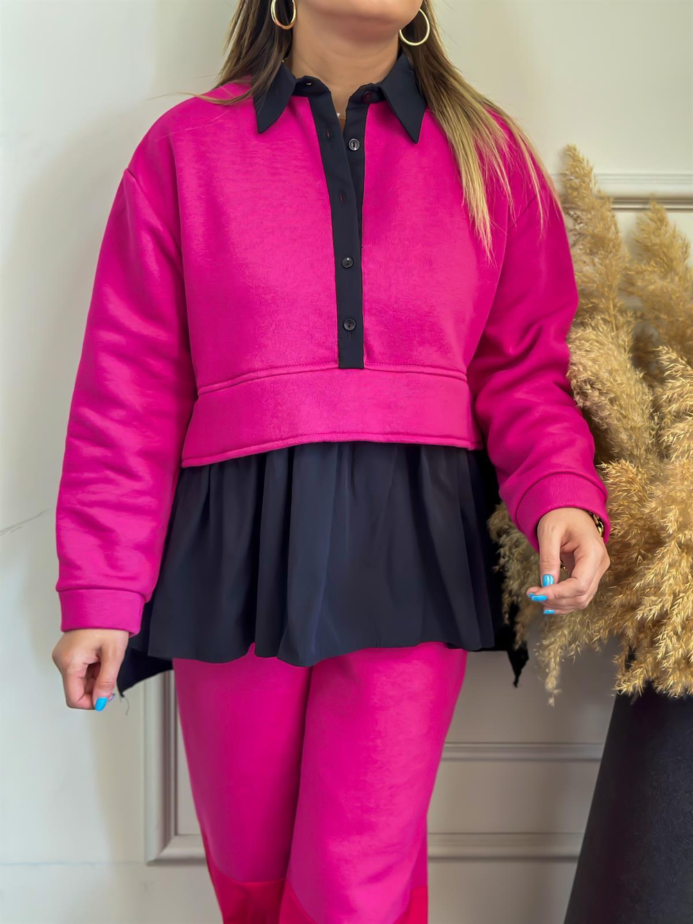 Eteği Büzgülü Poplin Detaylı Takım PEMBE