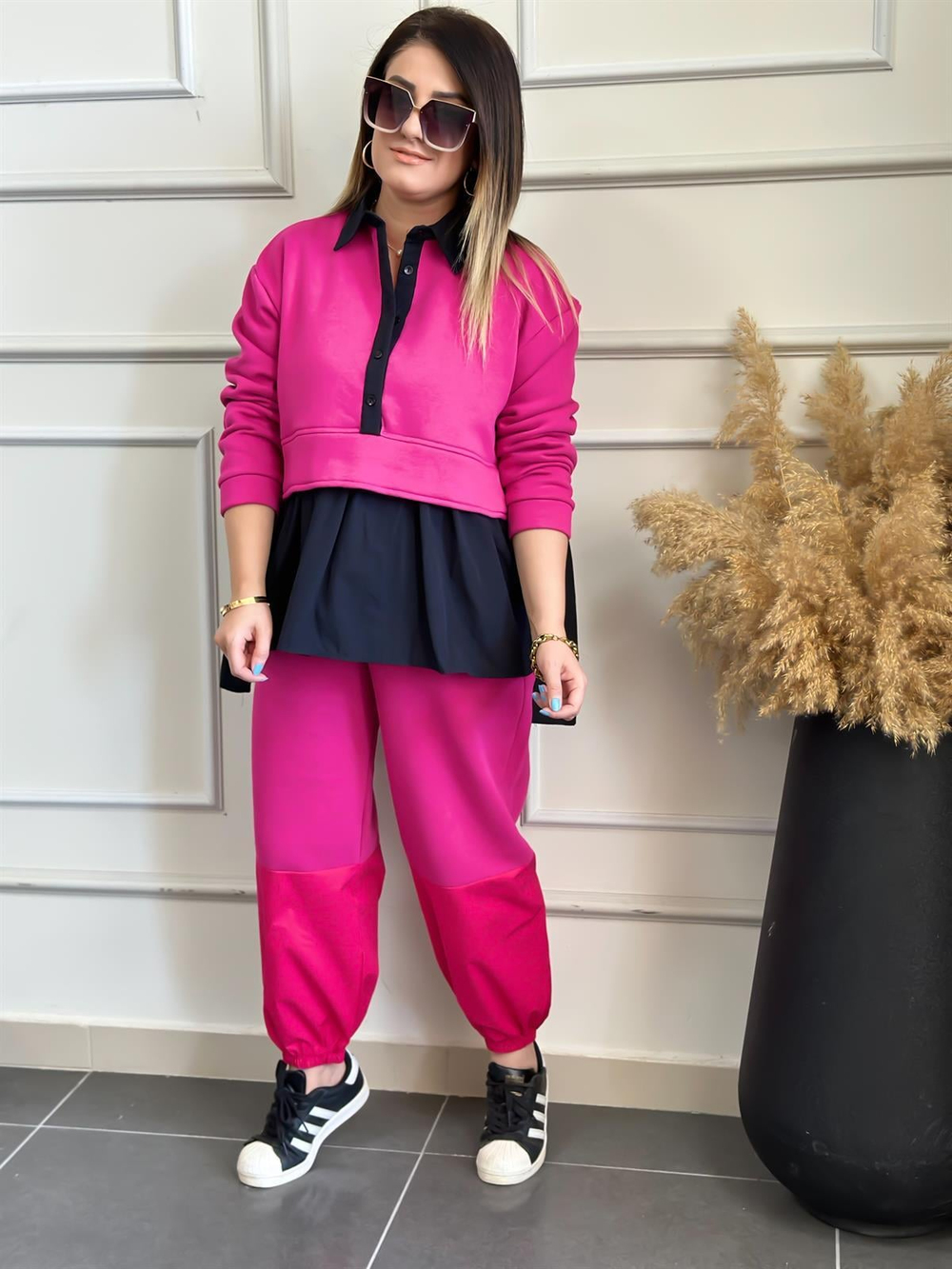 Eteği Büzgülü Poplin Detaylı Takım PEMBE