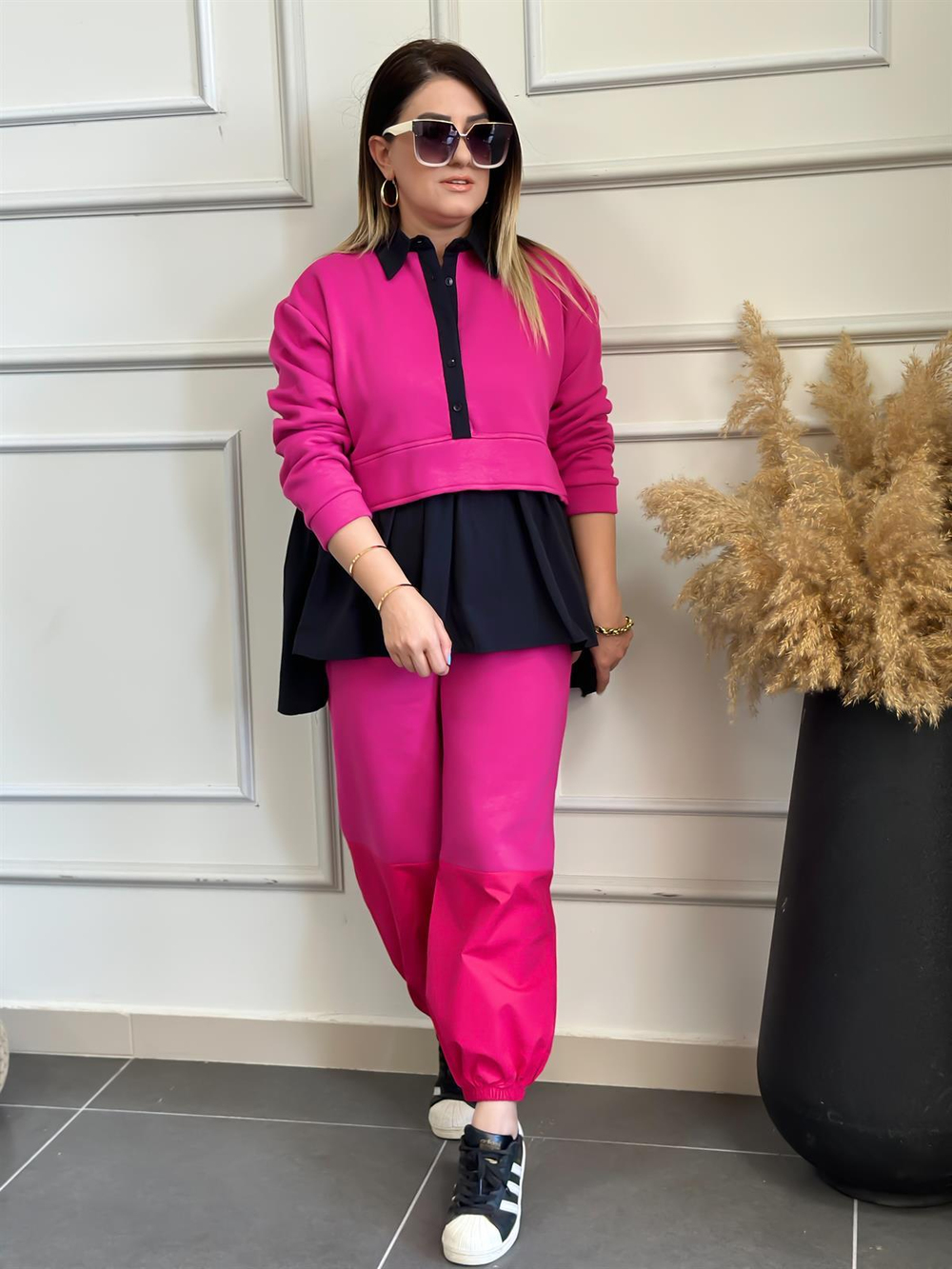 Eteği Büzgülü Poplin Detaylı Takım PEMBE