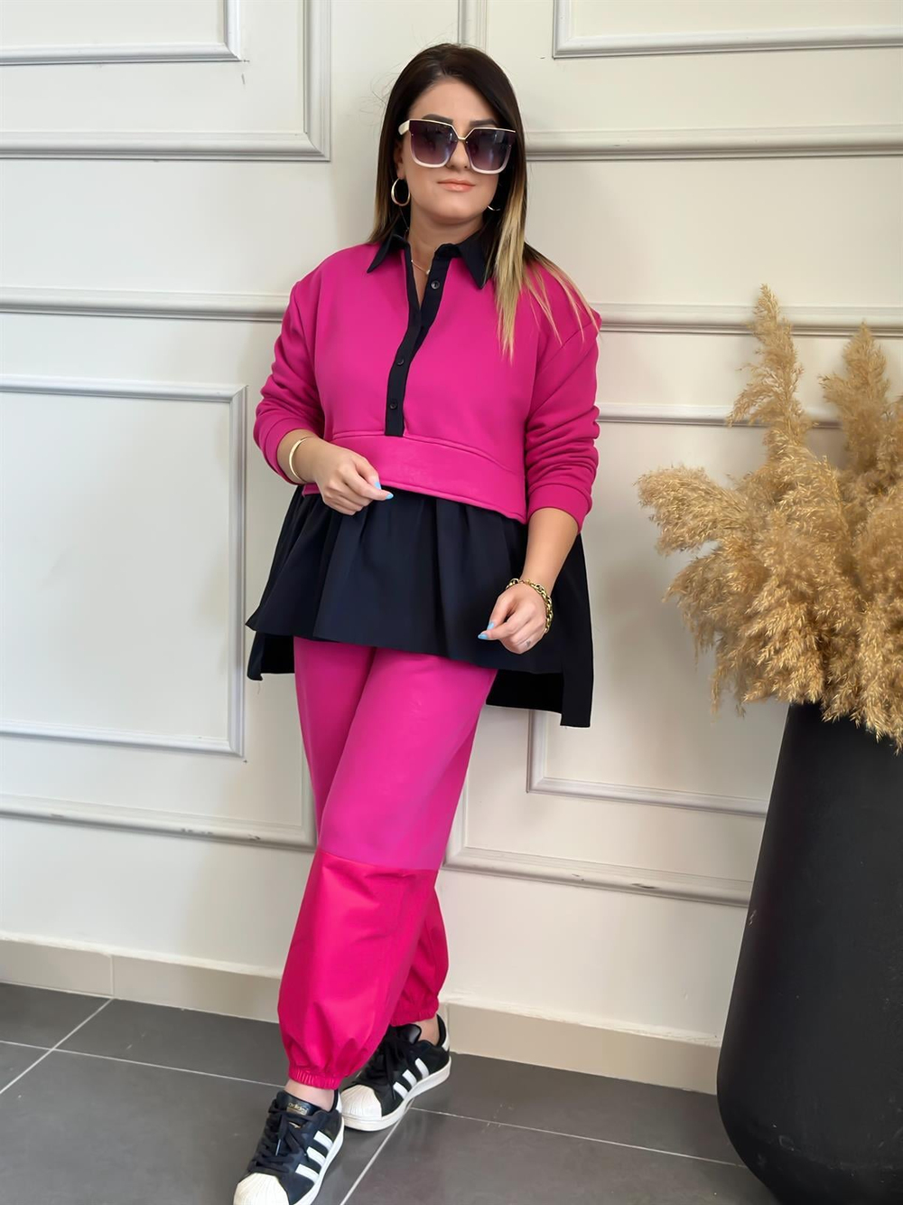 Eteği Büzgülü Poplin Detaylı Takım PEMBE