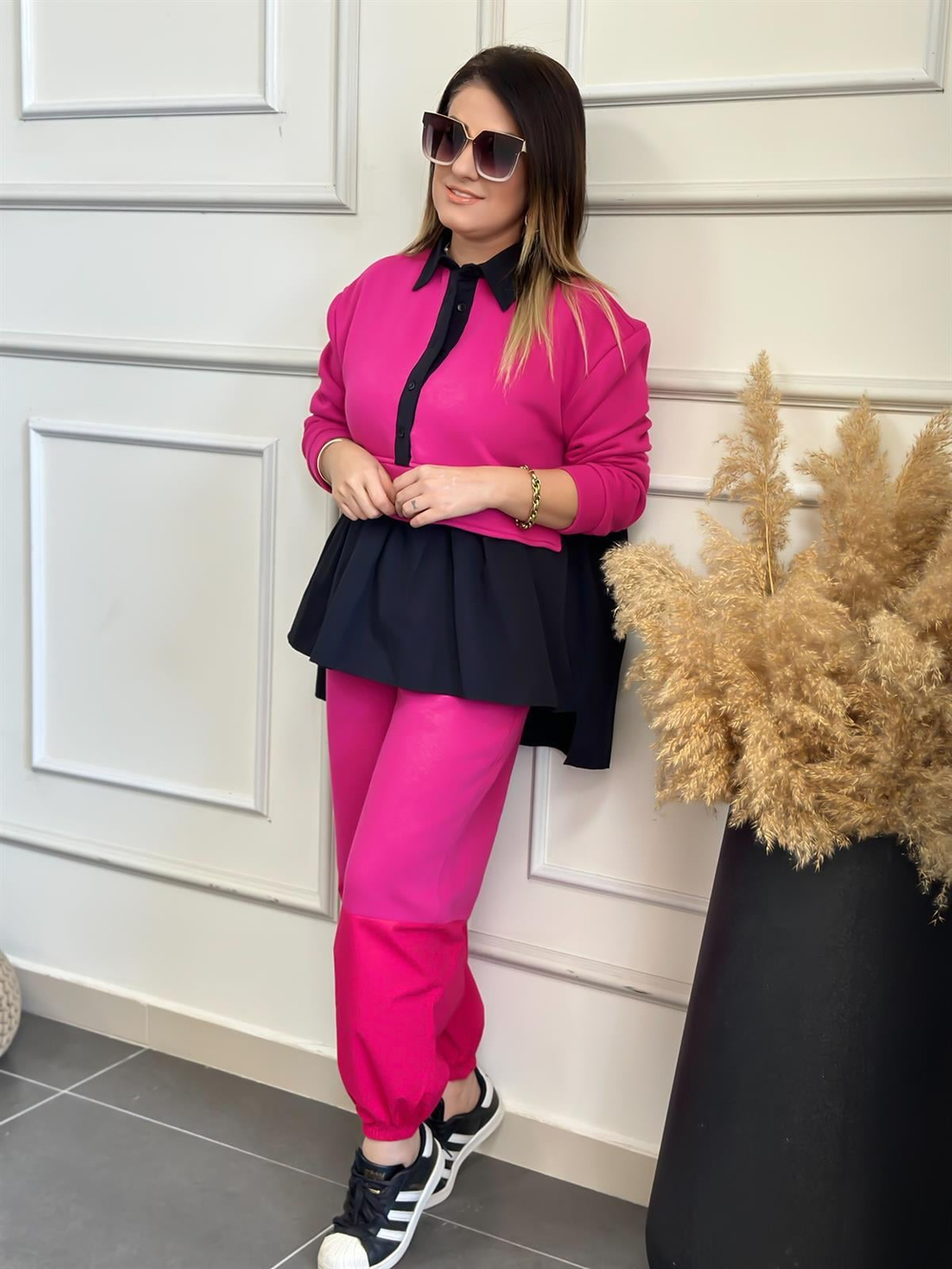 Eteği Büzgülü Poplin Detaylı Takım PEMBE