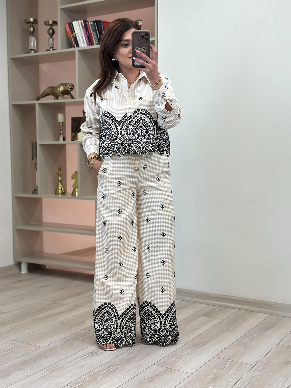 Etnik Desen Nakışlı Pantolon TAŞ