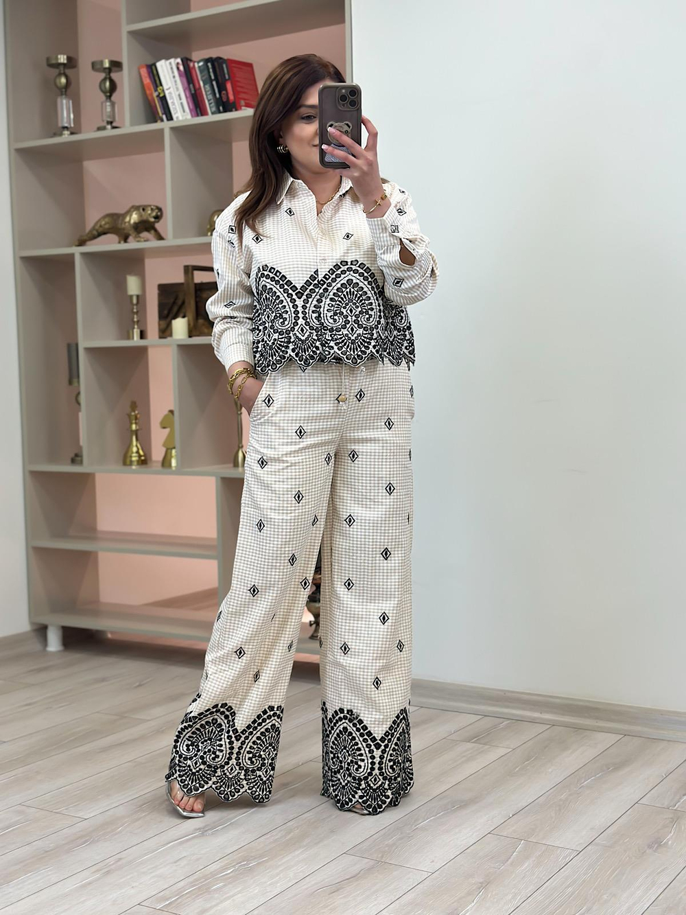 Etnik Desen Nakışlı Pantolon TAŞ