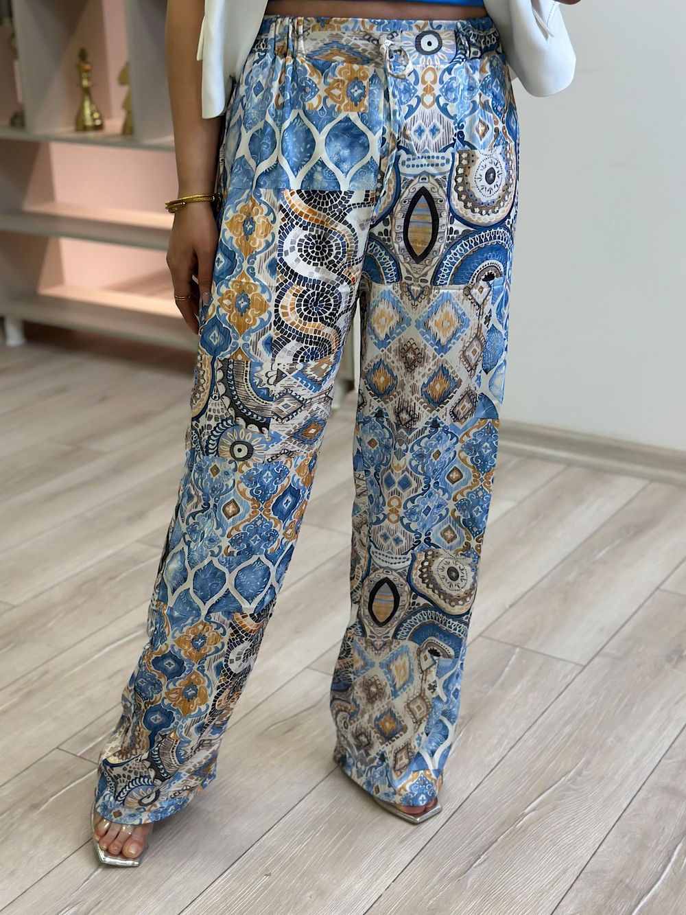 Etnik Desenli Saten Pantolon MAVİ