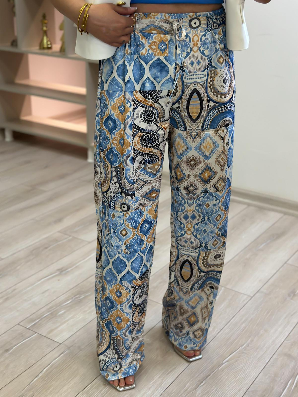 Etnik Desenli Saten Pantolon MAVİ