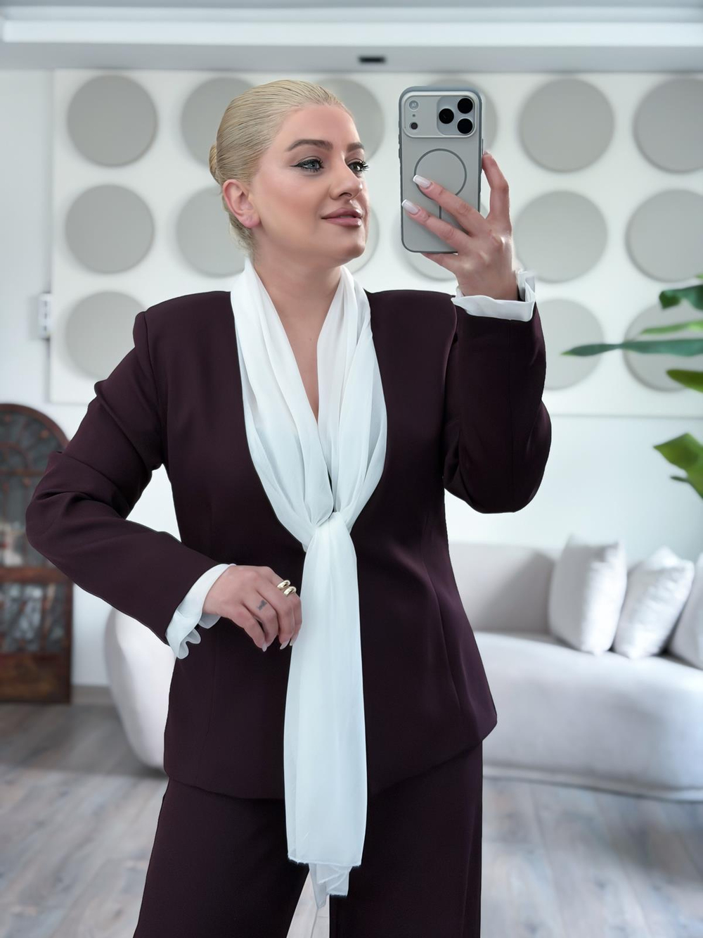 Fular Bağlamalı Blazer Pantolon Takım MÜRDÜM