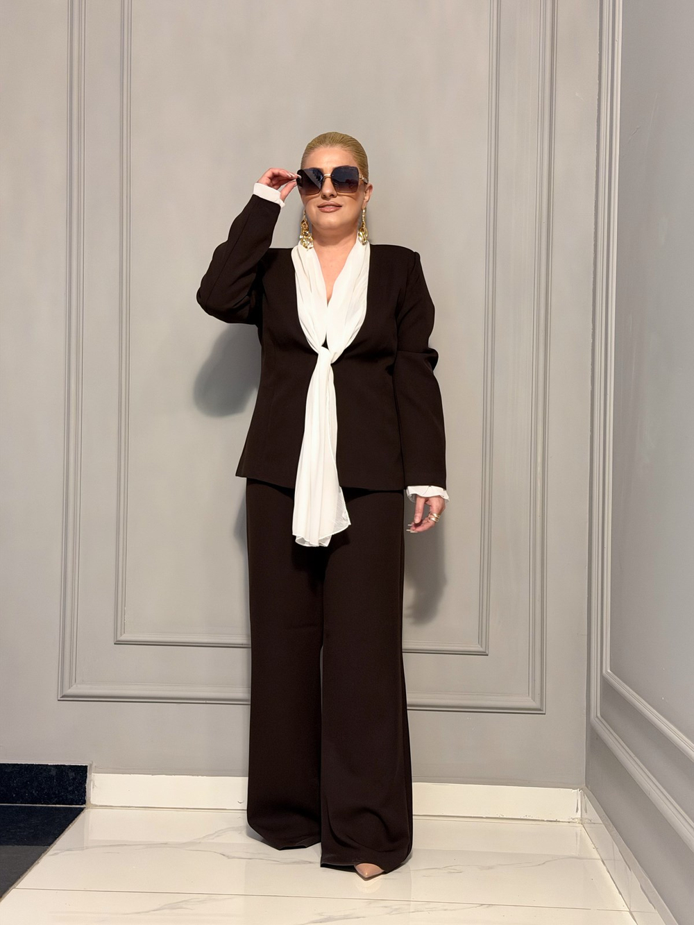 Fular Bağlamalı Blazer Pantolon Takım KAHVE