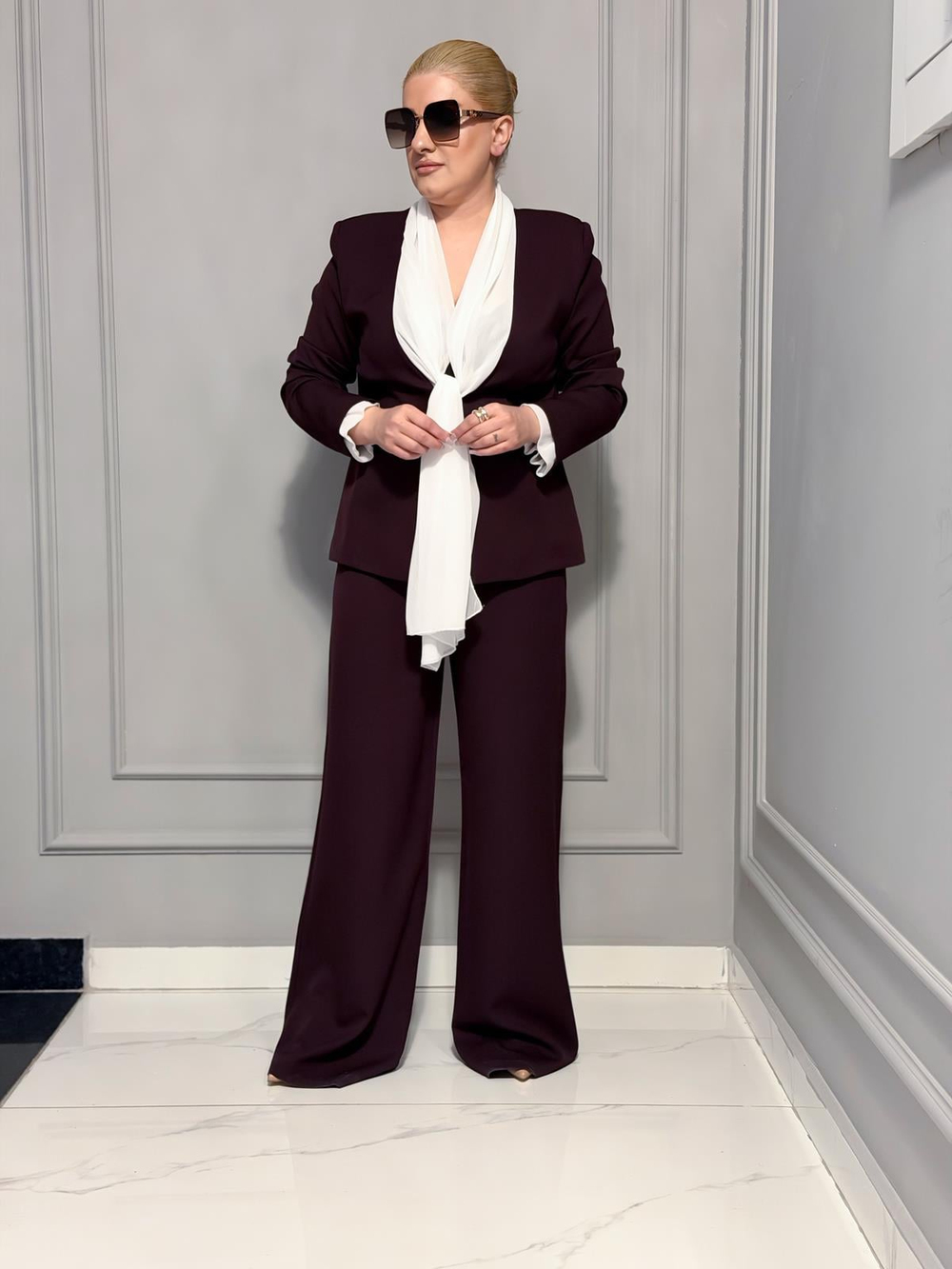 Fular Bağlamalı Blazer Pantolon Takım MÜRDÜM
