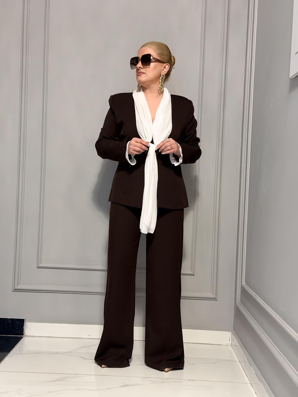 Fular Bağlamalı Blazer Pantolon Takım KAHVE