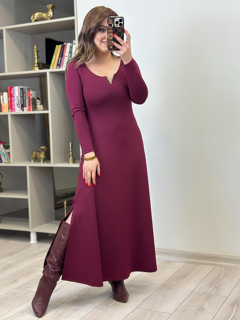 Gold Detaylı Modal Elbise BORDO