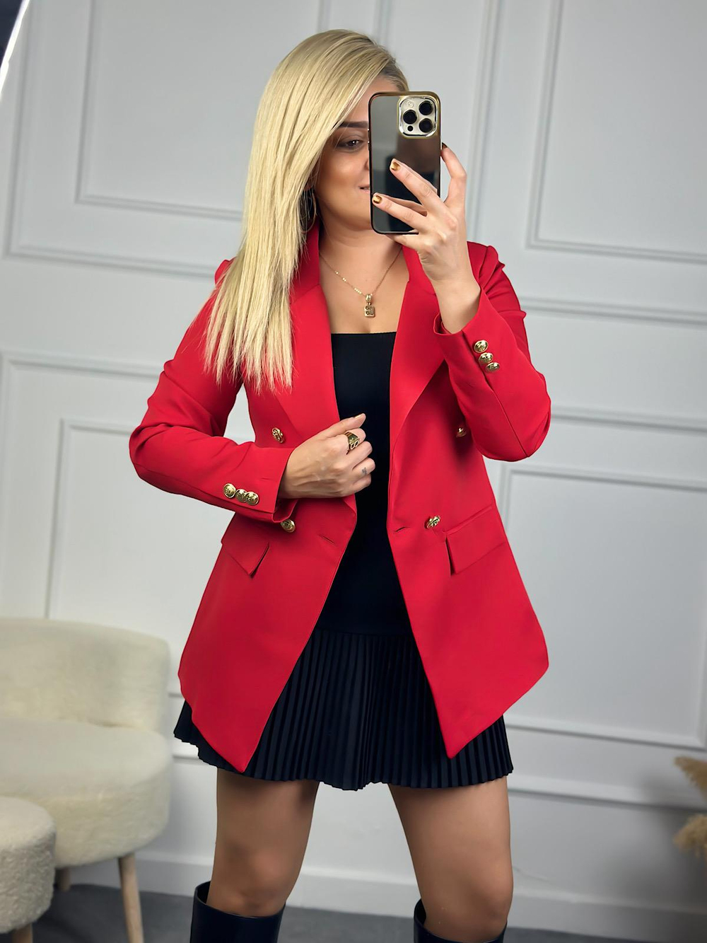 Gold Düğme Detaylı Blazer Ceket KIRMIZI