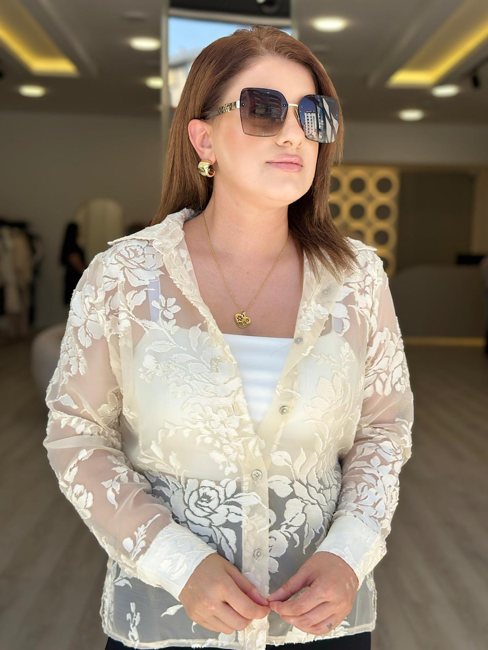 Gül Desenli Tül Gömlek EKRU